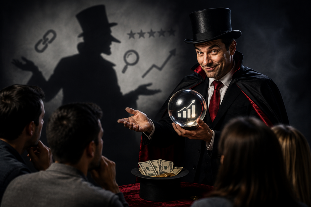 Picture illustrating charlatan making false promises