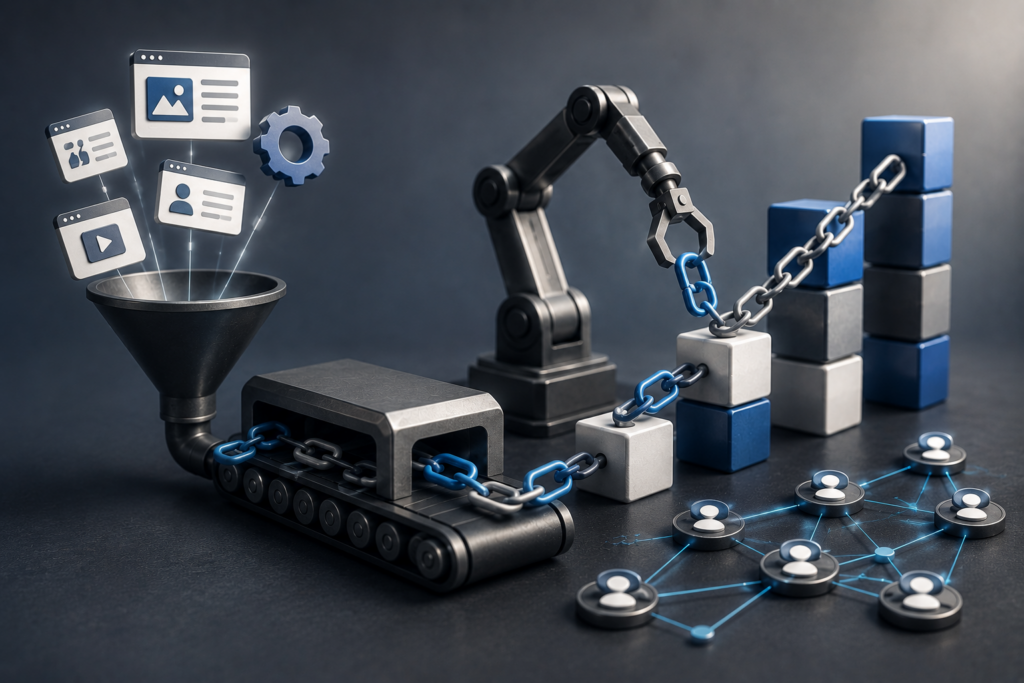 Automated link-building workflow featuring a robotic arm assembling chain links, content assets flowing through a production system, and connected network nodes supporting scalable SEO growth and outreach processes.