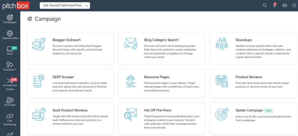 Screenshot of pitchbox showing campaign customization