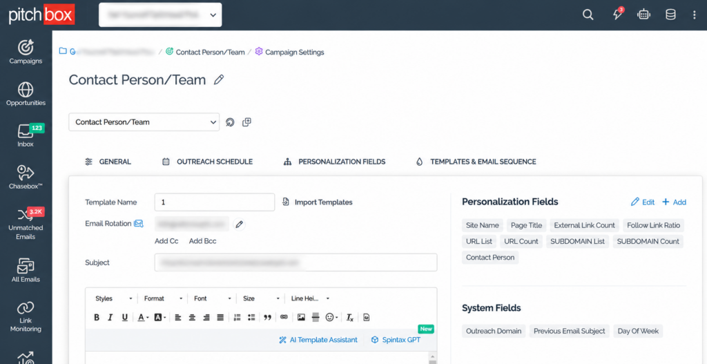 screenshot showing Pitchbox email template customization options