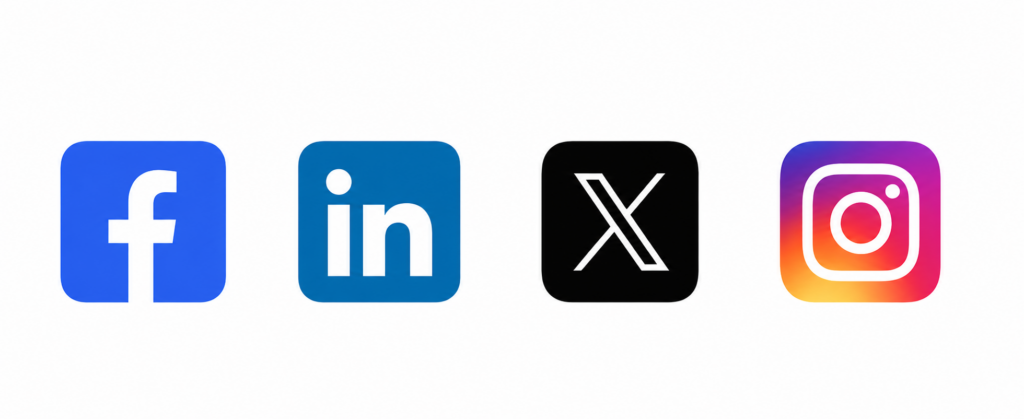 Facebook, LinkedIn, X (formerly Twitter), and Instagram social media platform icons displayed on a clean white background, representing key social networks used for online presence and brand visibility.