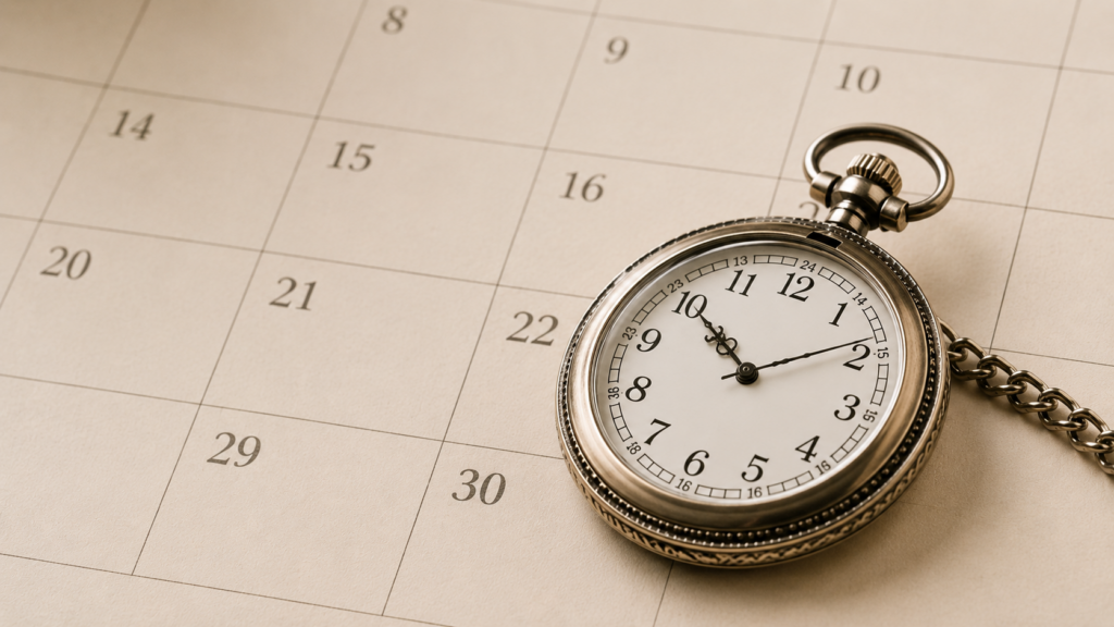 Vintage pocket watch resting on a paper calendar, symbolizing the time and patience required for long-term SEO growth and results.