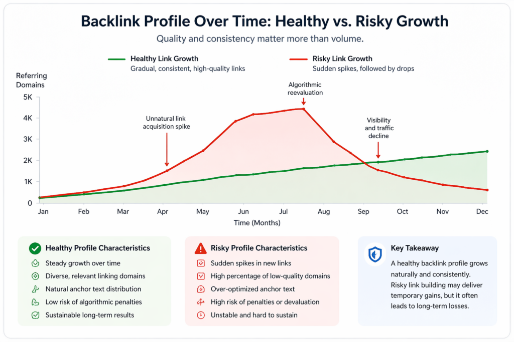 Line chart comparing healthy and risky backlink growth over time, showing steady link acquisition versus sudden spikes followed by decline