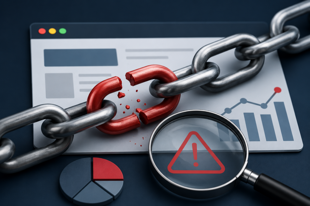Close-up of a damaged chain resting on a graph beside a magnifying glass, symbolizing SEO link risk management and toxic backlink analysis.