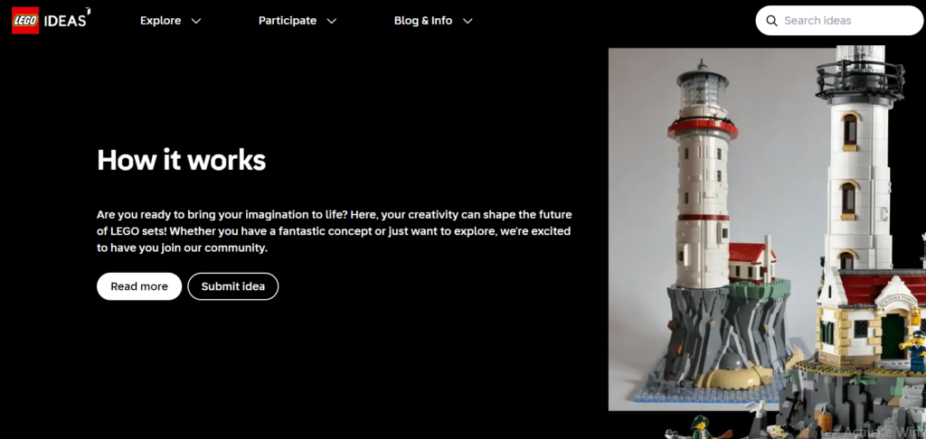 LEGO Ideas “How it works” page featuring a LEGO lighthouse model and calls to “Read more” and “Submit idea.”