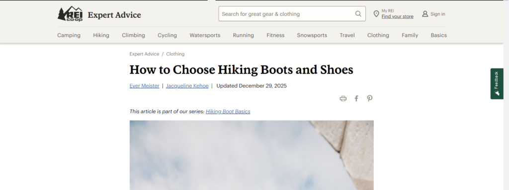 Screenshot of an REI Expert Advice article page titled “How to Choose Hiking Boots and Shoes."