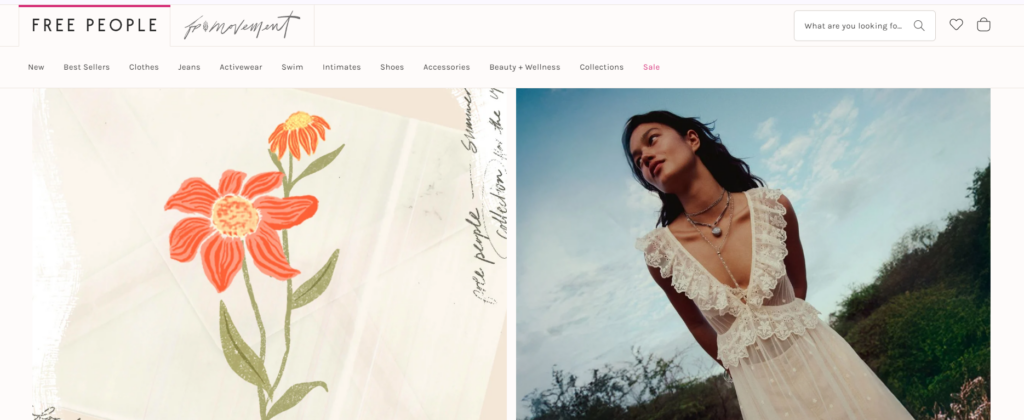 Homepage banner for Free People featuring a floral illustration beside a model in a white lace dress.