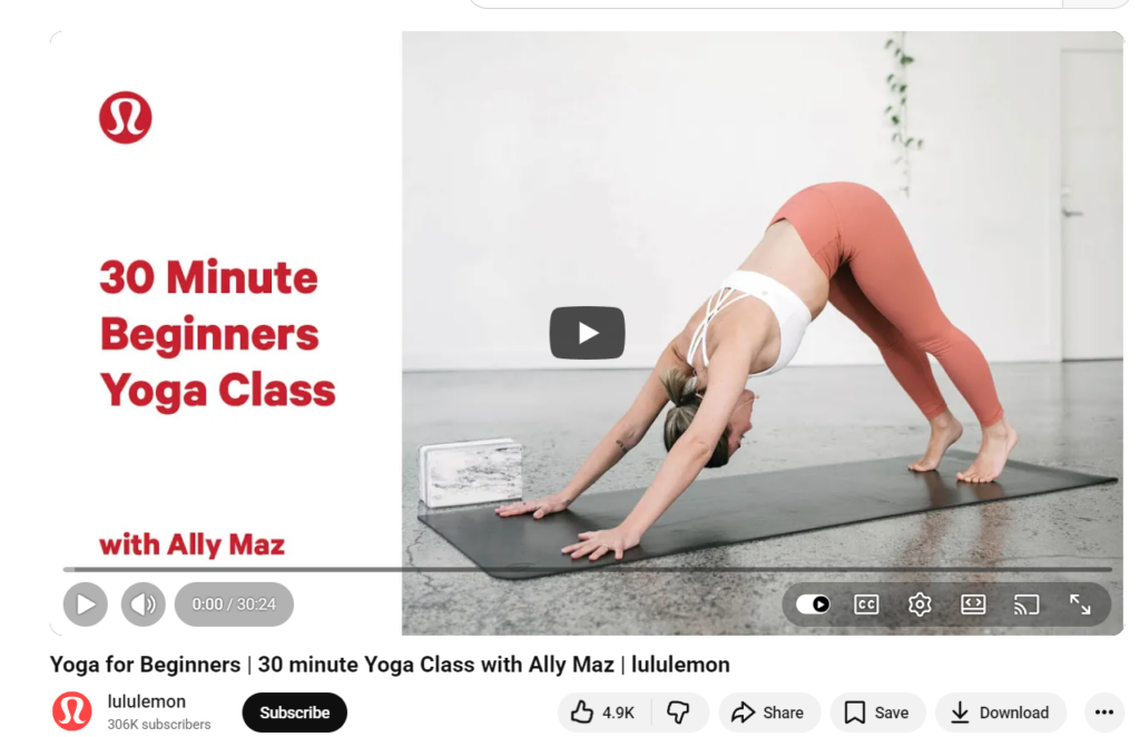 Thumbnail for a lululemon YouTube video titled “30 Minute Beginners Yoga Class” featuring an instructor in a downward dog pose