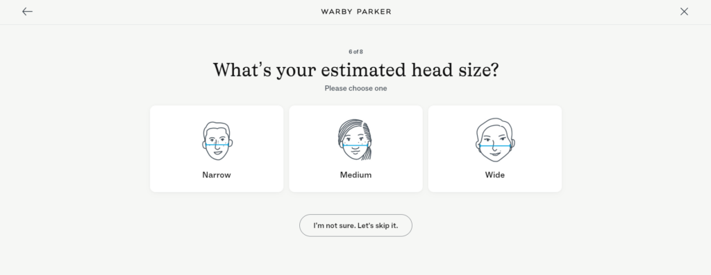 Warby Parker onboarding screen with head size options: Narrow, Medium, and Wide.