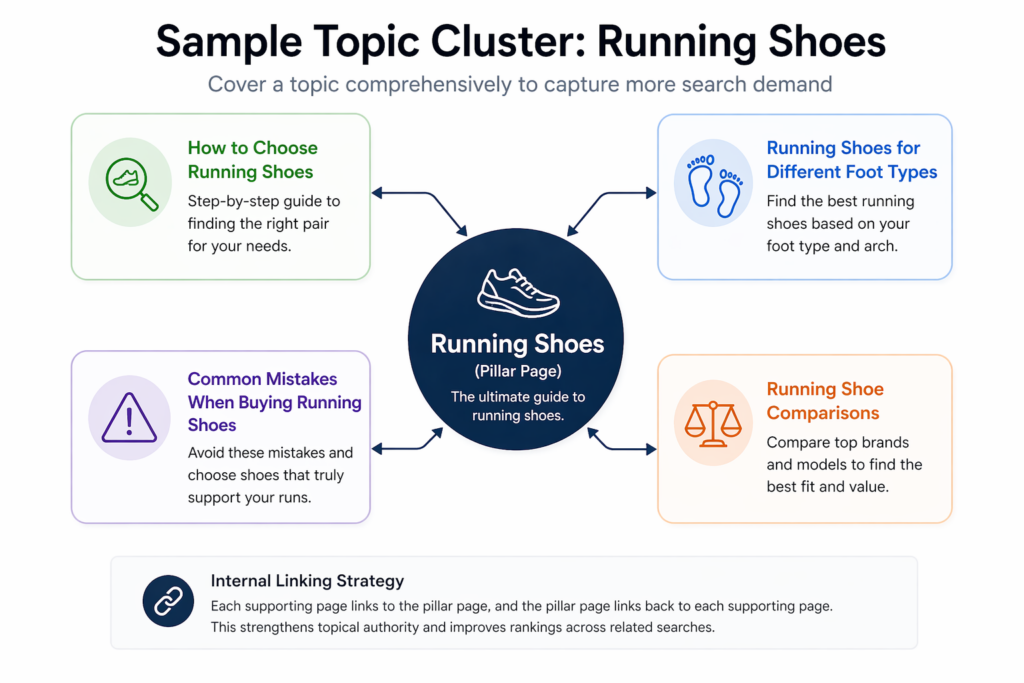 Running shoes topic cluster with related subtopics like selection guides, foot types, mistakes, and comparisons