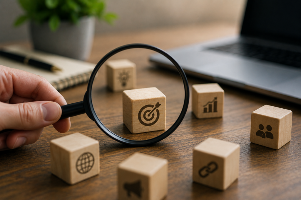 Magnifying glass focusing on a wooden block marked with a target icon, surrounded by SEO-related symbols such as links, audiences, growth charts, and ideas, representing hidden keyword opportunities and search optimization insights.