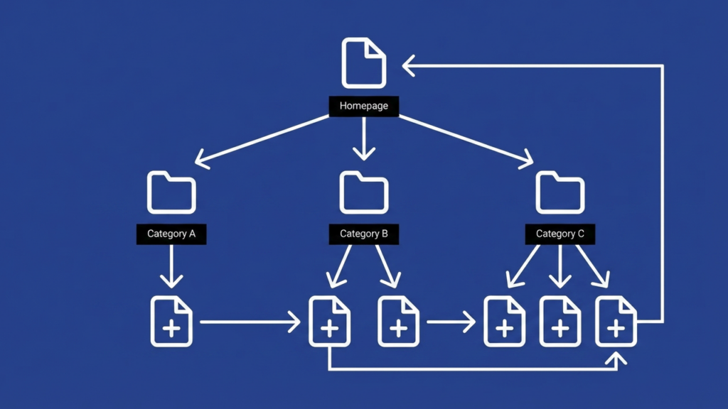 Website architecture diagram showing homepage, categories, and internal linking structure