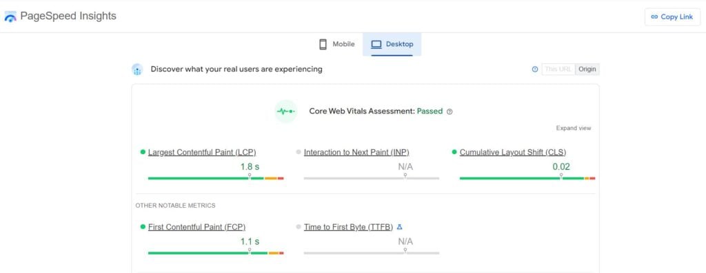 Screenshot of Google Page Speed Insights