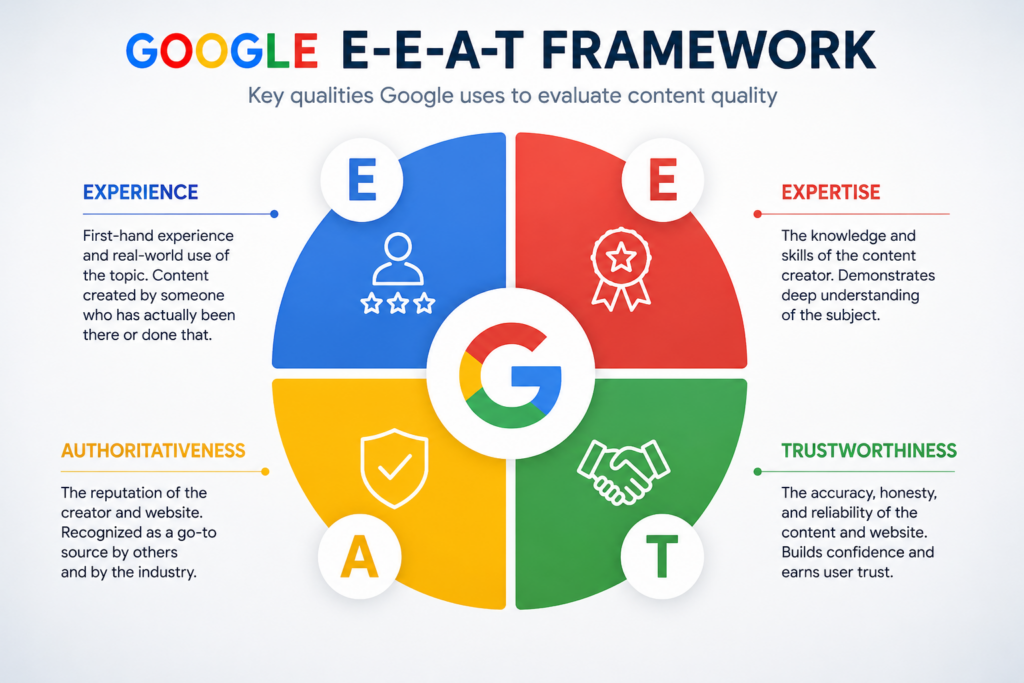 Infographic illustrating Google’s E-E-A-T framework with four sections representing Experience, Expertise, Authoritativeness, and Trustworthiness around a central Google logo.