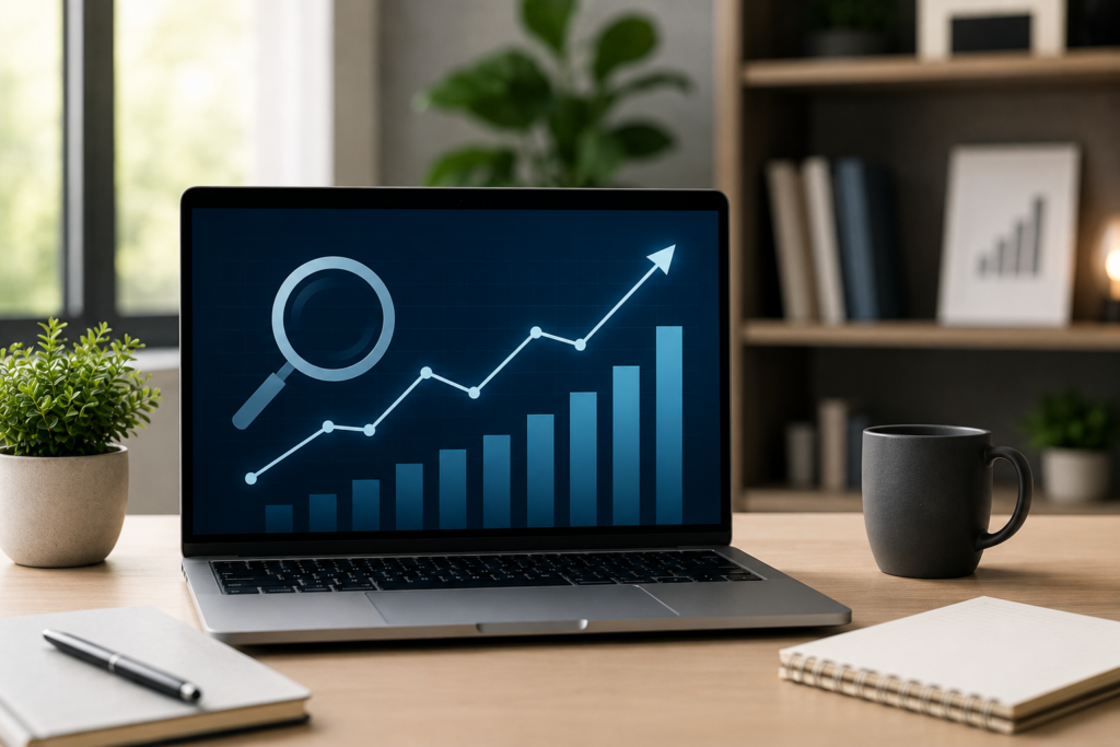 Modern workspace with a laptop displaying SEO analytics and growth charts, symbolizing monetizing SEO expertise through digital strategy and online business growth.
