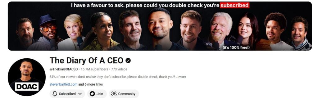 Screenshot showing youtube channel of The Diary of a CEO
