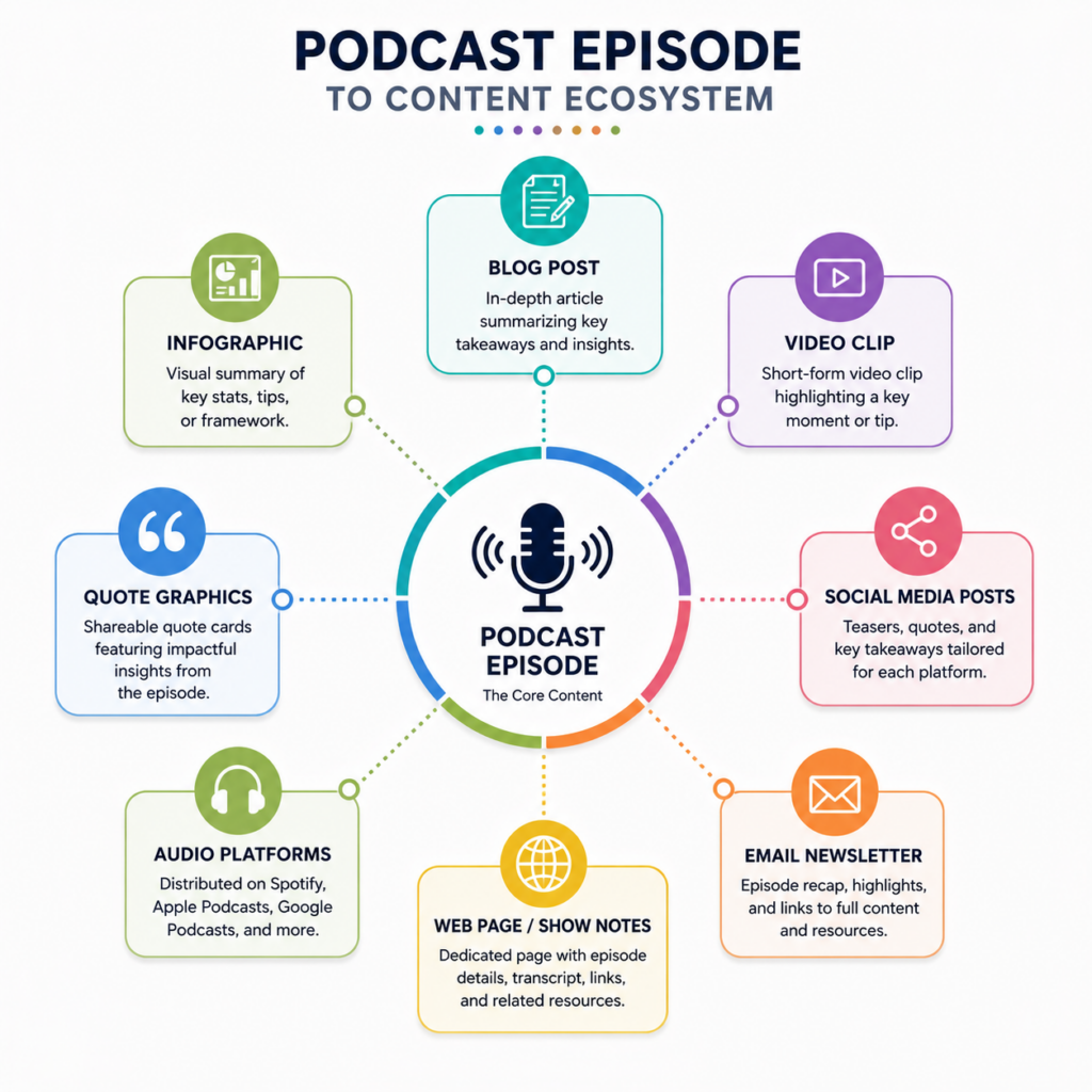 Infograph showing the development from a podcast episode to a content ecosystem