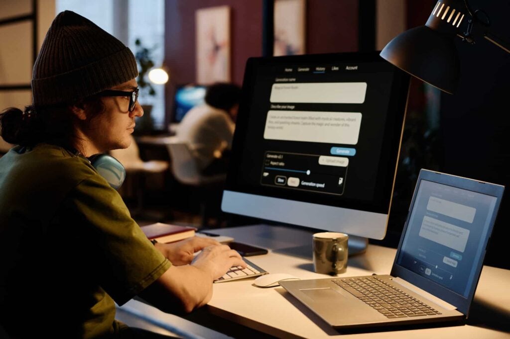 A professional reviewing data and AI responses on a digital screen, symbolizing real-time collaboration and verification with an advanced ChatGPT system. 