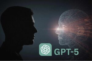 A human silhouette faces a glowing AI figure made of light and data, exchanging energy to symbolize human–AI collaboration.