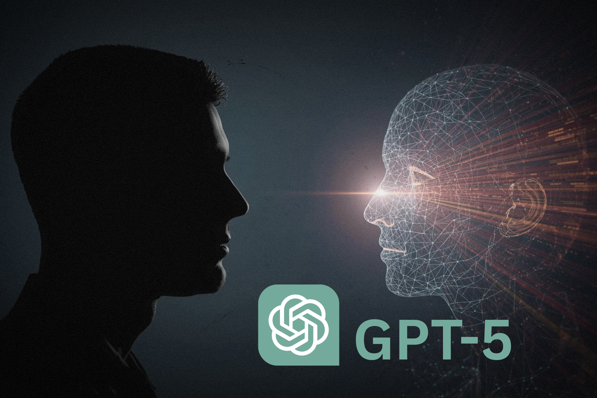 A human silhouette faces a glowing AI figure made of light and data, exchanging energy to symbolize human–AI collaboration.