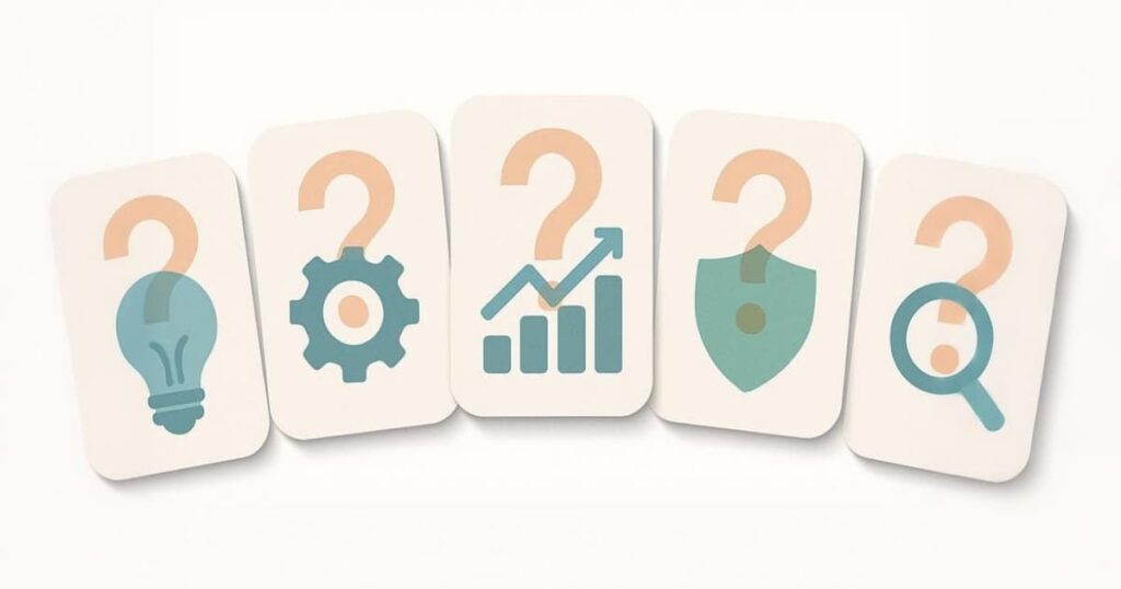Illustration showing five snippet elements with question marks representing common SEO myths