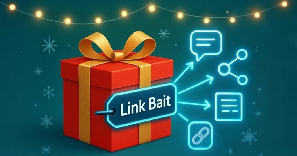 Digital holiday link-bait concept illustration with gift box and social share icons