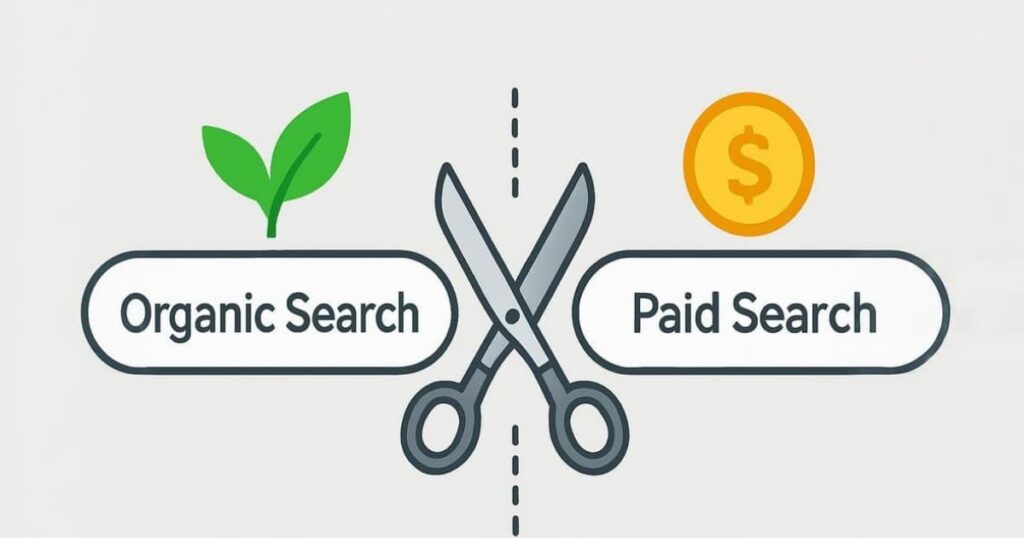 Vector showing paid search ad blocking organic search traffic in a search result layout