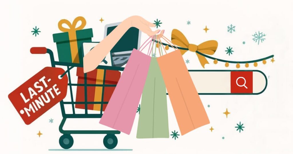 Holiday shopping and SEO tips illustration with gift cart and search bar