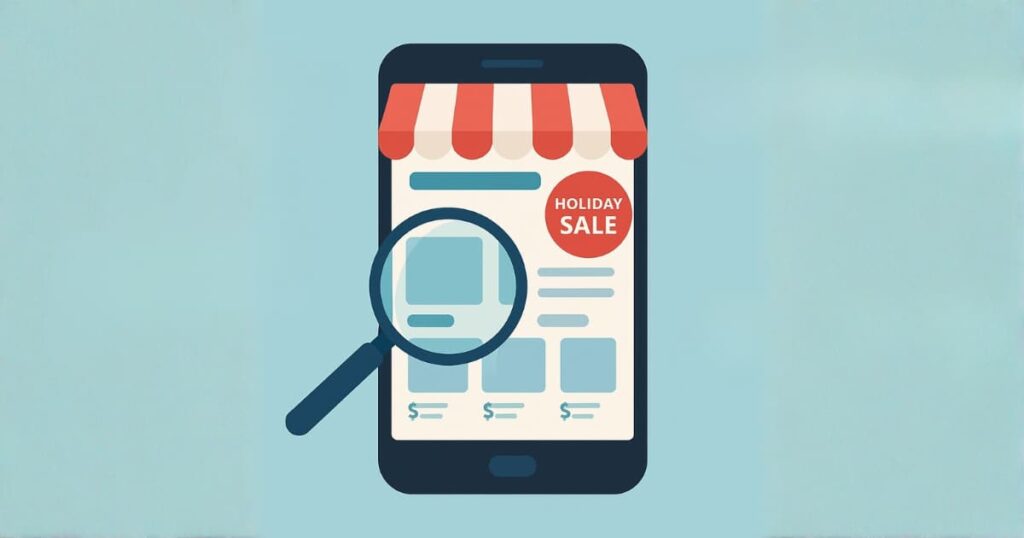Mobile optimization for holiday shopping SEO illustration with smartphone and holiday badge