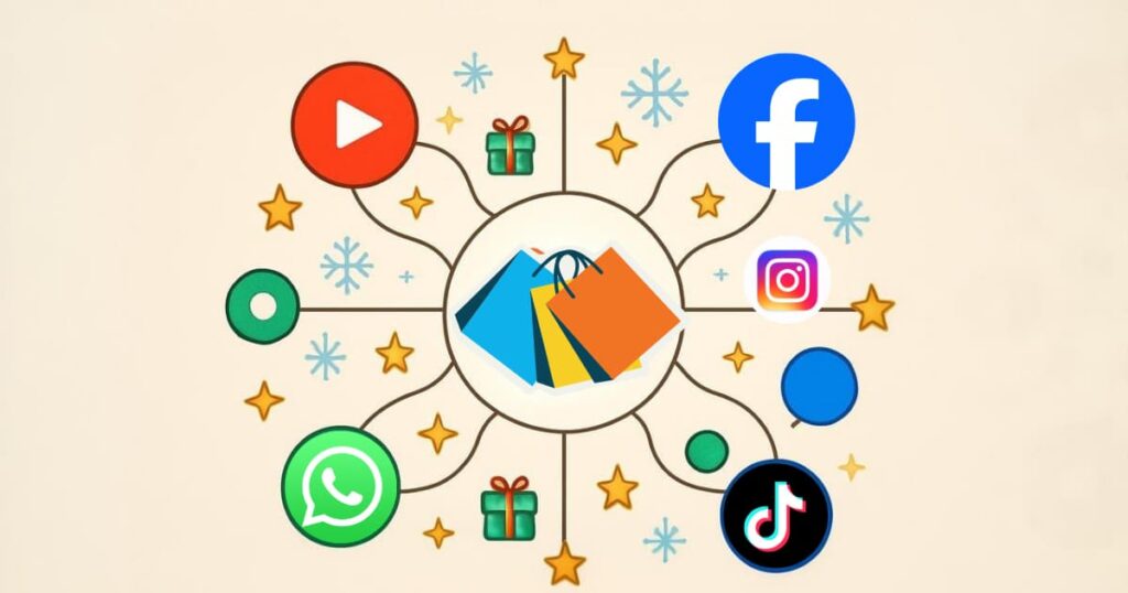 Flat vector art of social media icons with festive decorations representing viral holiday content.