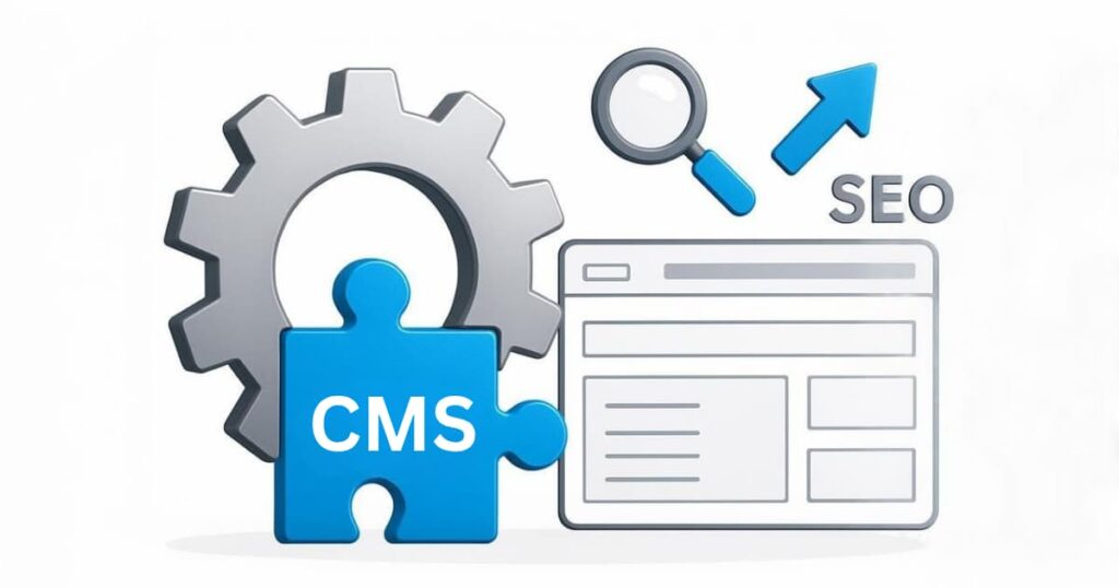 Vector image showing website wireframe, CMS piece, and SEO icons.