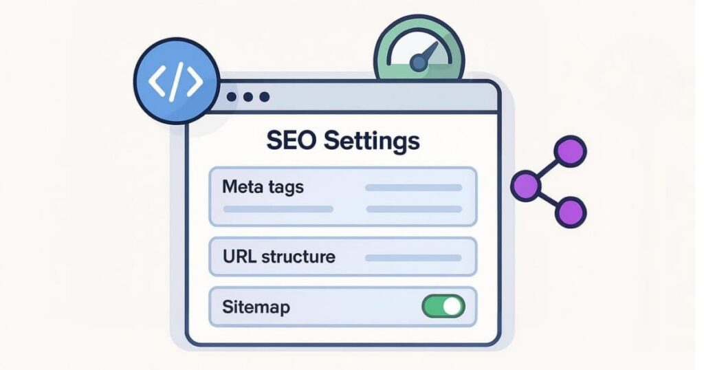 Illustration of CMS dashboard with SEO settings and optimization icons.