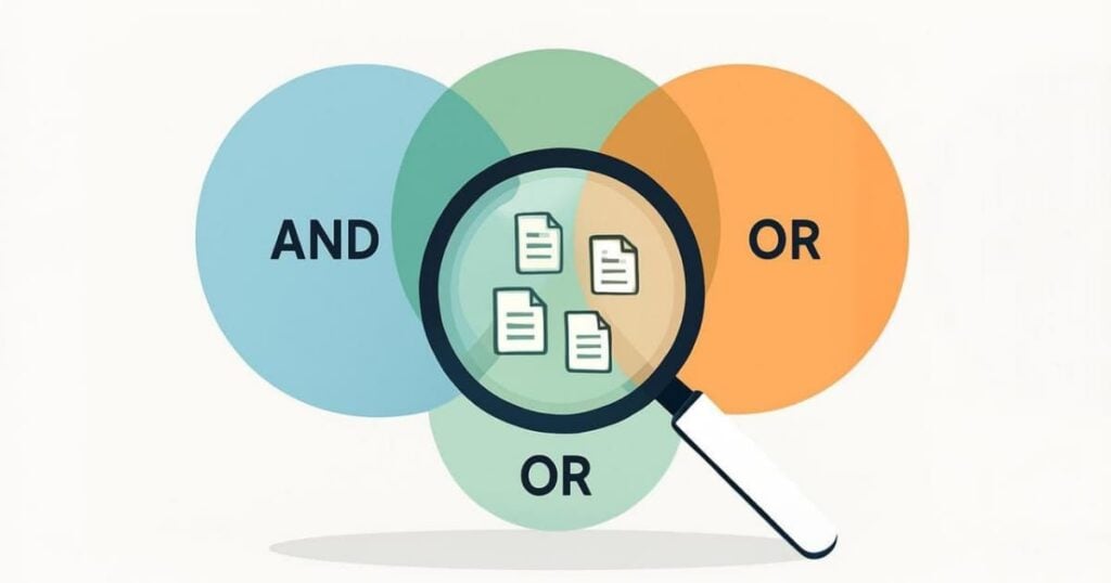 Graphic showing logical search operators with icons of documents in the center