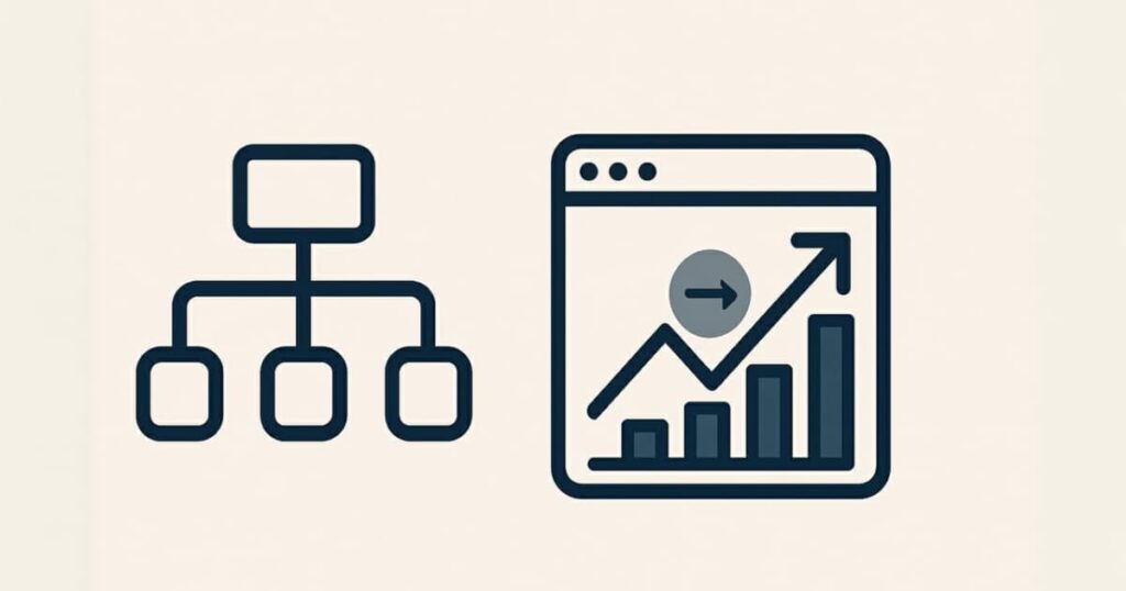 Illustration of XML sitemap icon beside a ranking graph 